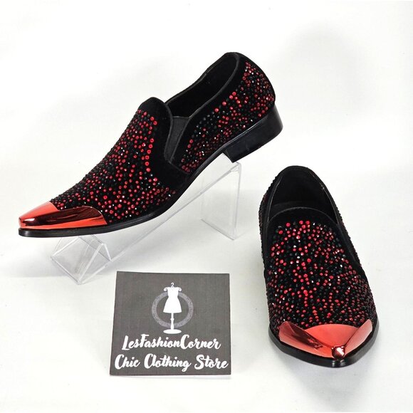 Bolano Other - Bolano Men's Red/Black Leather Desta Dress Shoes Rhinestone Loafers Sz 7.5 1802